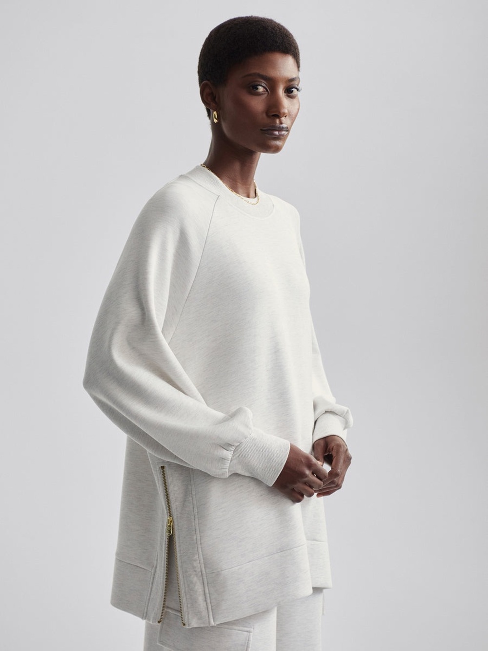 Varley double soft Nicole boyfriend side zip sweatshirt ivory marl